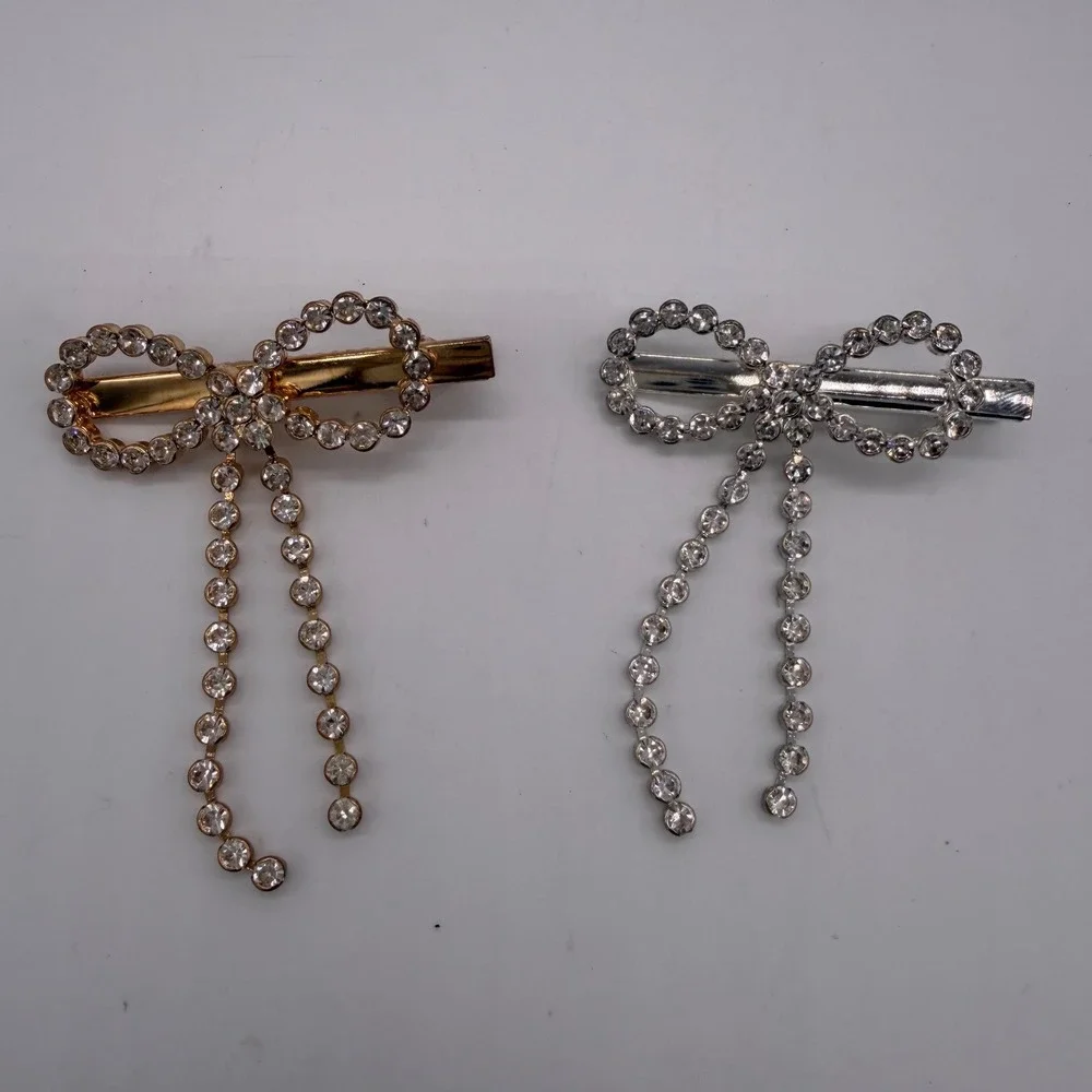 Vintage Y2K Rhinestone Bow Hair Clip Set Gold Silver Tassel Barrette 2pc